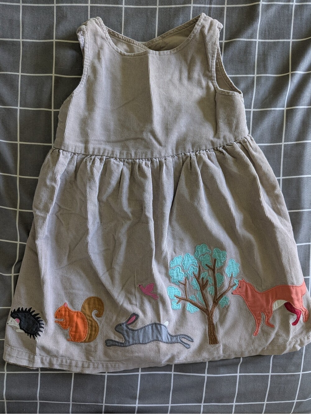 Boden woodland animals cord pinnie dress